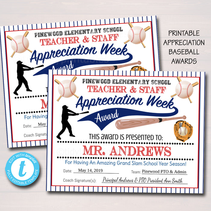 Baseball Theme Teacher Appreciation Printable Award Certificates