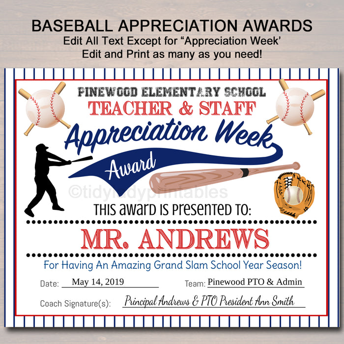 Baseball Theme Teacher Appreciation Printable Award Certificates