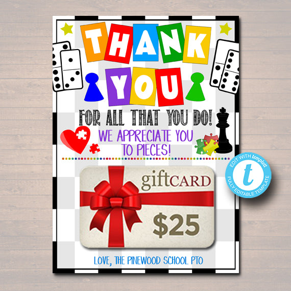 Board Games Theme Appreciation Printable Gift Card Holder