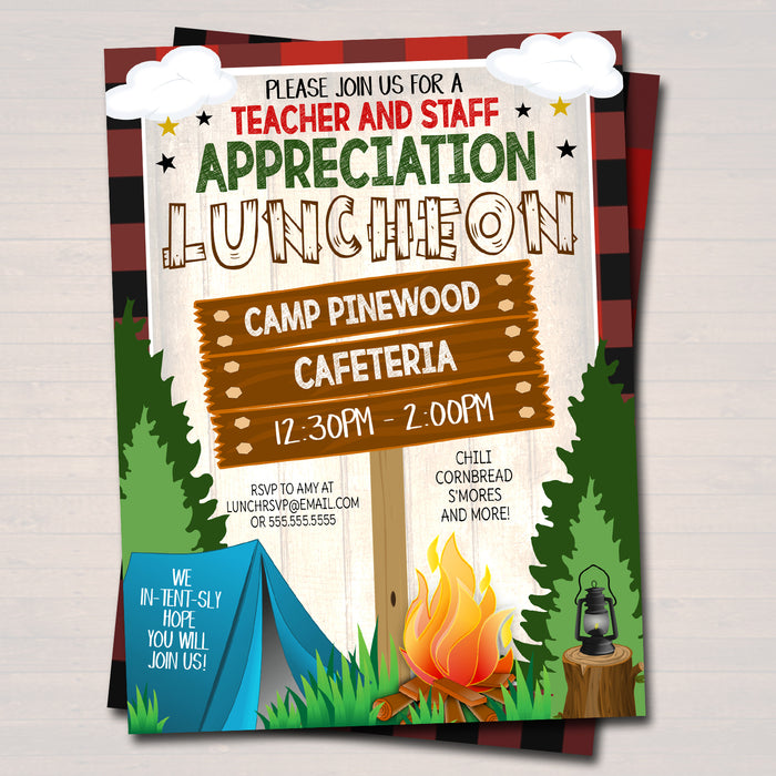 Camping Theme Teacher Appreciation Party Luncheon Invitation Template