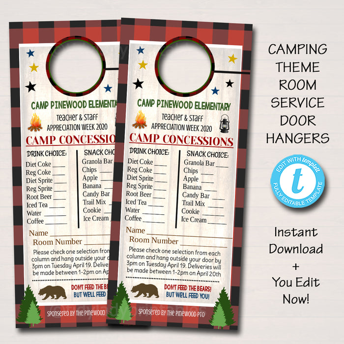 Camping Theme Teacher Appreciation Week Printable Room Service Door Hangers