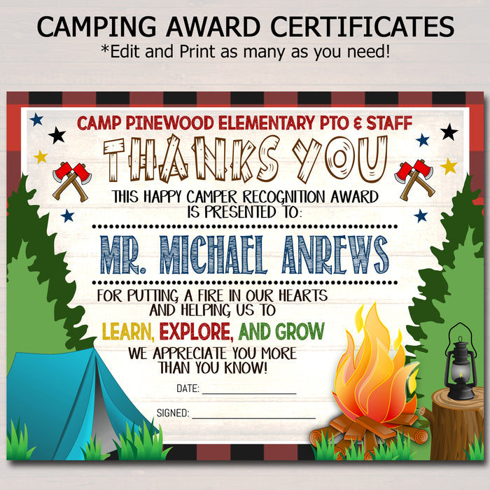 Camping Theme Teacher Appreciation Printable Award Certificates