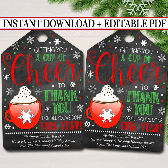 Christmas Gift Tags, Gifting You a Cup of Cheer Hot Chocolate Tag, Holiday Coffee Latte Printable Gift Tag, ,