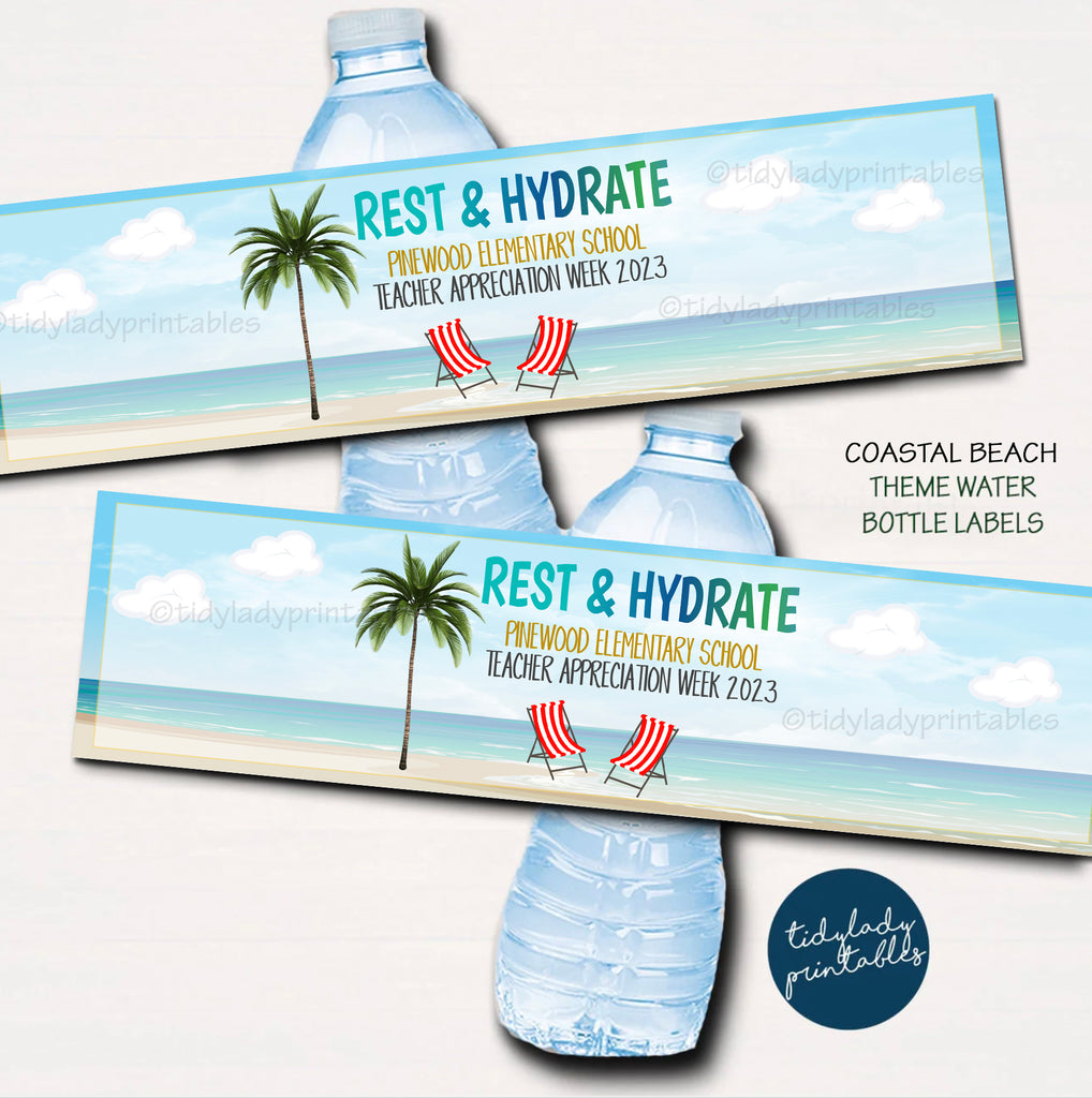 Personalized Tropical Beach Designs Weatherproof Water Bottle Labels