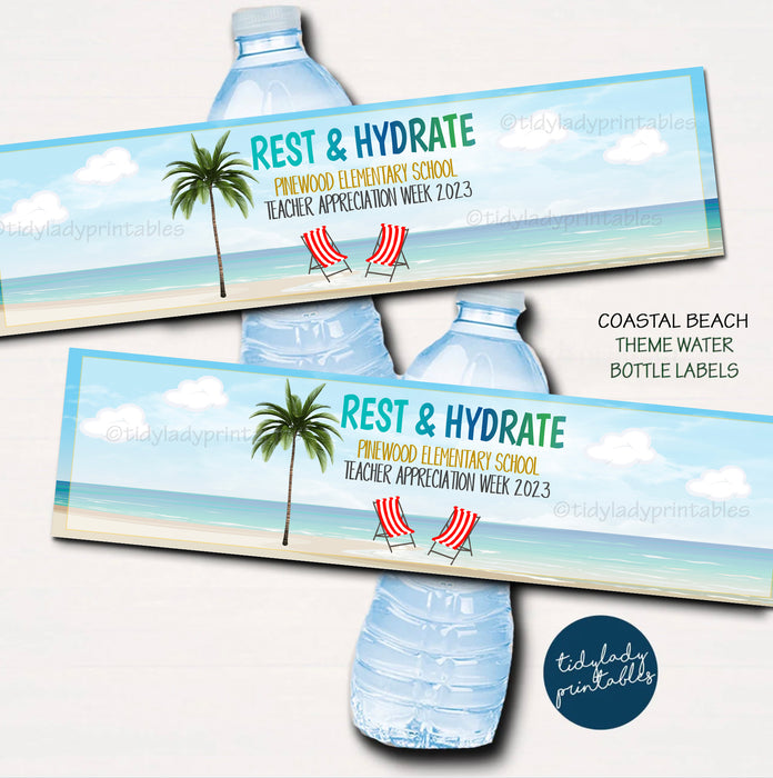 Coastal Beach Theme Party, Appreciation Water Bottle Labels, Rest and  Hydrate Teacher Staff Employee Team Thank You Printable Decor