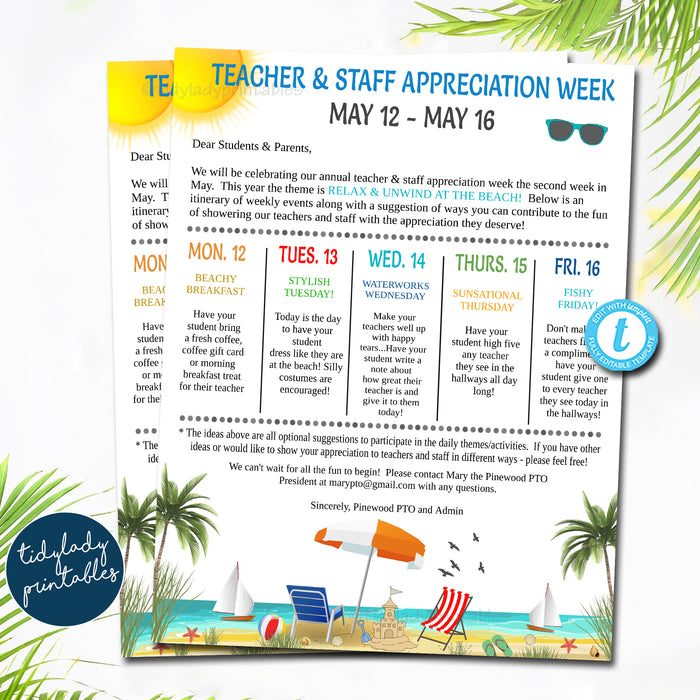 Coastal Beach Theme Teacher & Staff Appreciation Invitation Newsletter