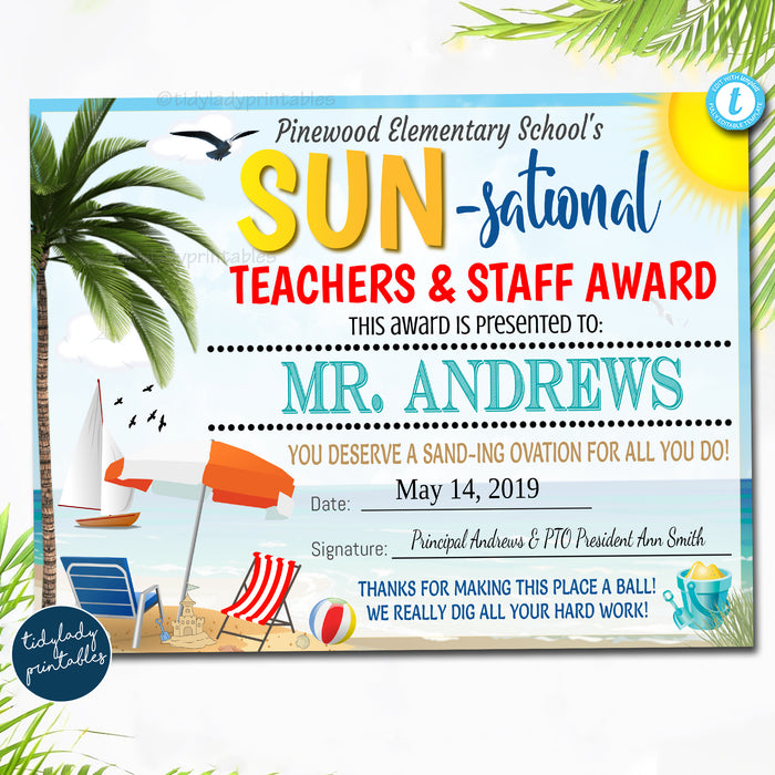 Coastal Beach Theme Teacher Appreciation Week Award Certificates