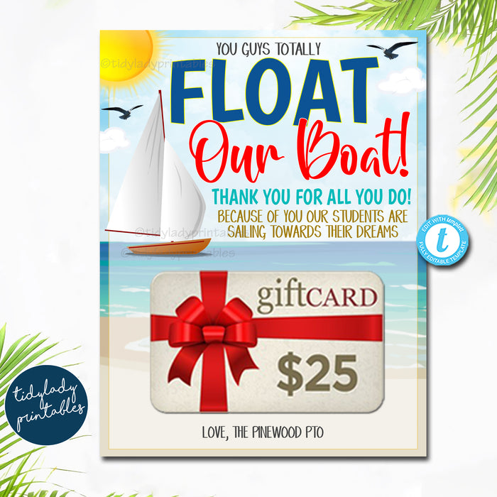 Coastal Beach Theme Printable Gift Card Holder, You Float Our Boat Staff Teacher Appreciation Gift Idea