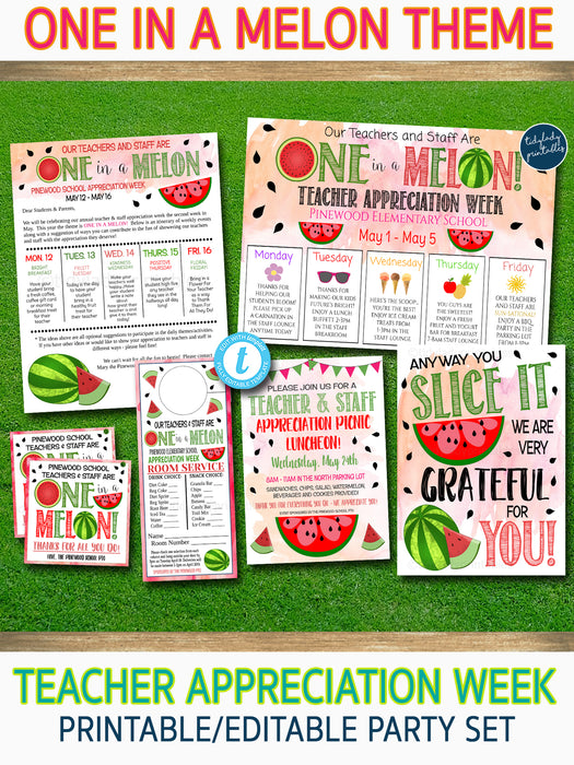 One in a Melon Theme Teacher Appreciation Week Printable Party Set