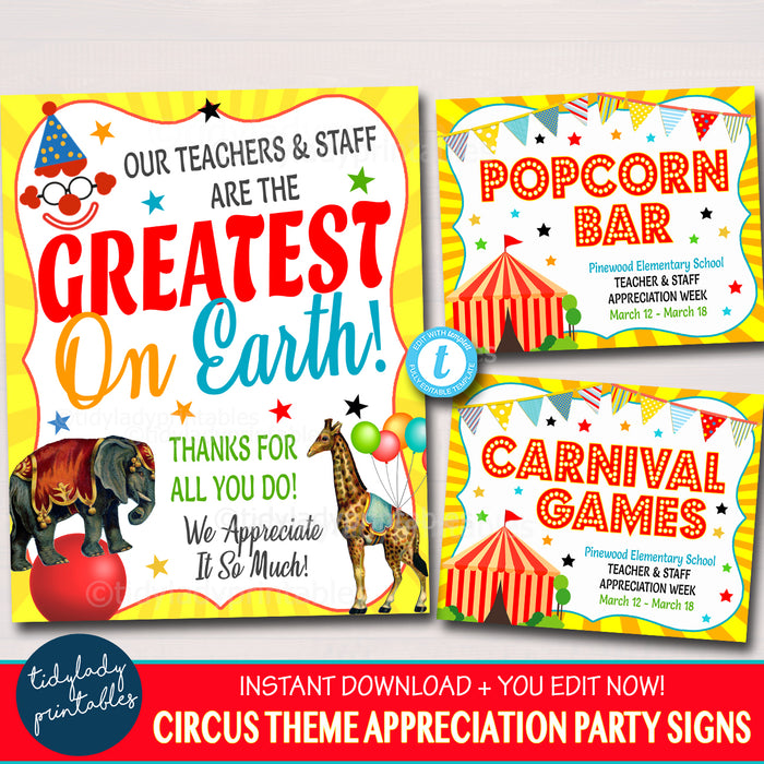 Carnival Circus Theme Teacher Appreciation Week Printable Party Signs