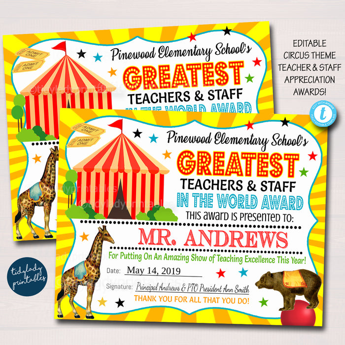 Circus Theme Teacher Appreciation Printable Award Certificates