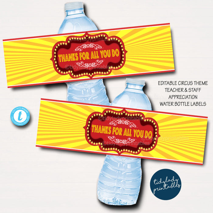 Circus Theme Teacher Appreciation Water Bottle Labels