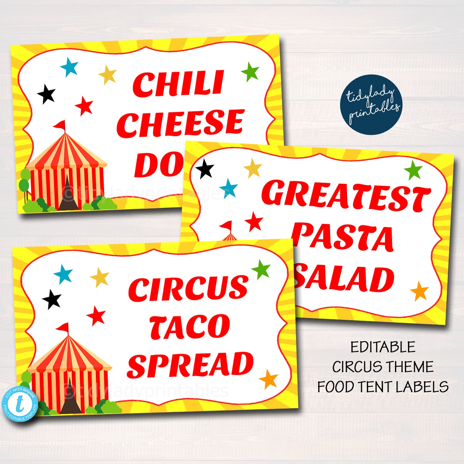 Circus Carnival Party Printable Food Tent Labels — TidyLady Printables for Free Printable Food Labels For Party