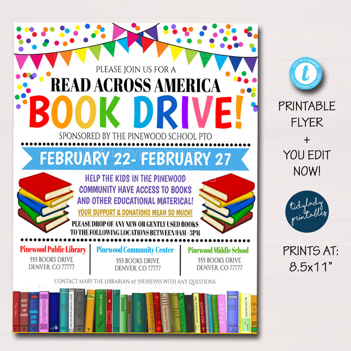 Book Drive Flyer, School Pto Pta, Literacy Event, Book Donations Community Library Drive, Printable Editable Template