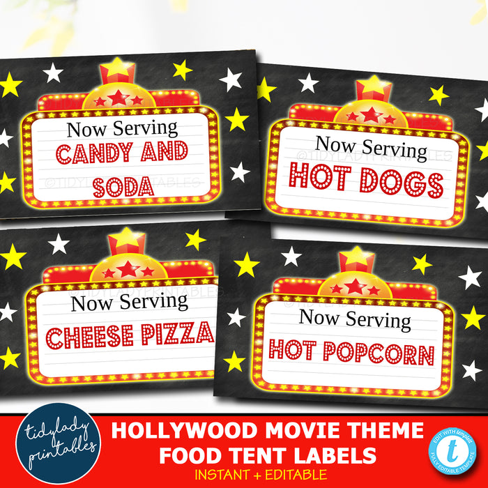 Hollywood Movie Party Theme Printable Food Tent Labels
