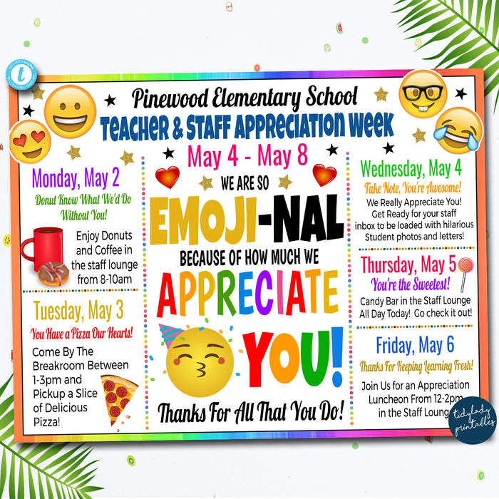 Teacher Appreciation Week Itinerary Schedule - Daily Weekly Calendar Printable DIY Template
