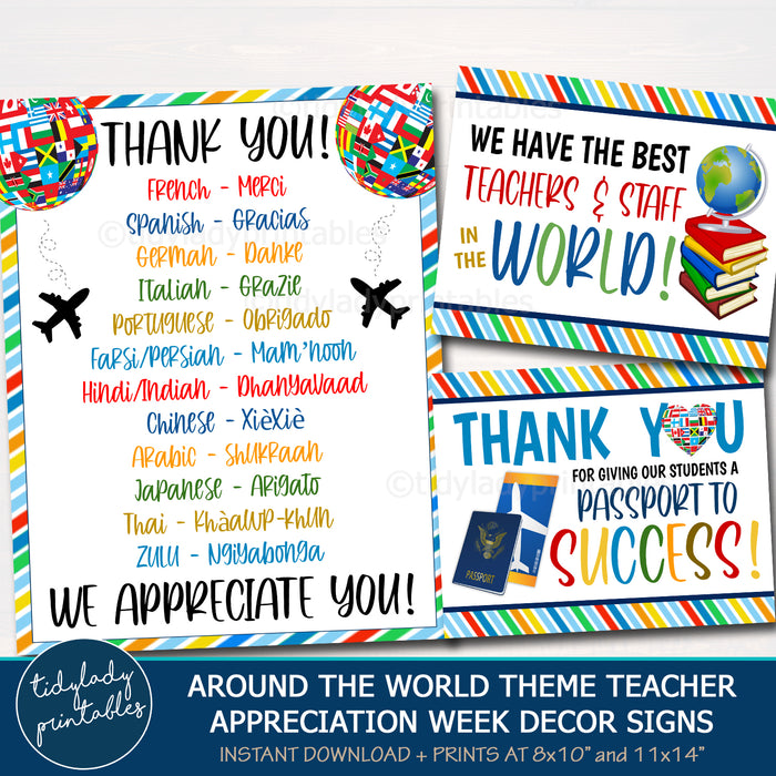 International Around the World Theme Teacher Appreciation Week Party Decor Signs