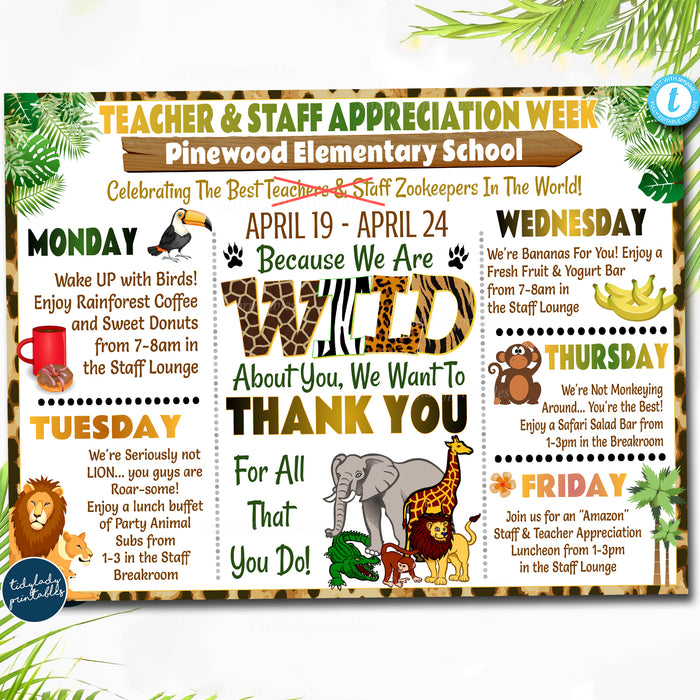 Jungle Zoo Themed Teacher Appreciation Week Itinerary Poster Printable