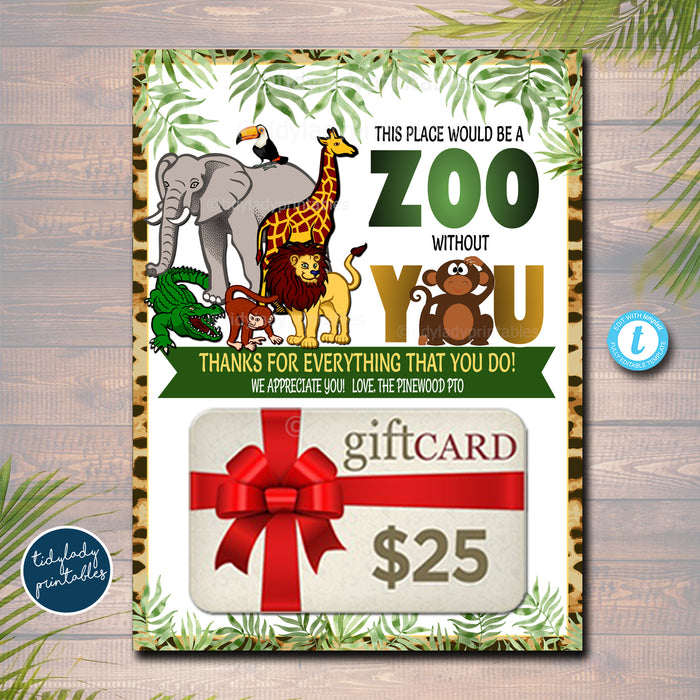 Jungle Zoo Theme Thank You Gift Card Holder, Staff Teacher Appreciation Week Printable