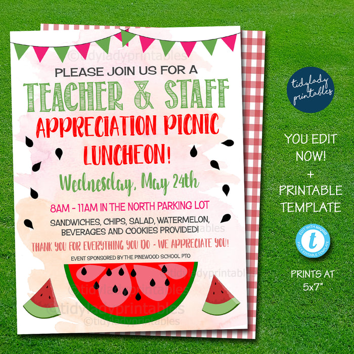 Editable Staff Teacher Appreciation Week Invitation, Watermelon Picnic Theme Printable Party Invite
