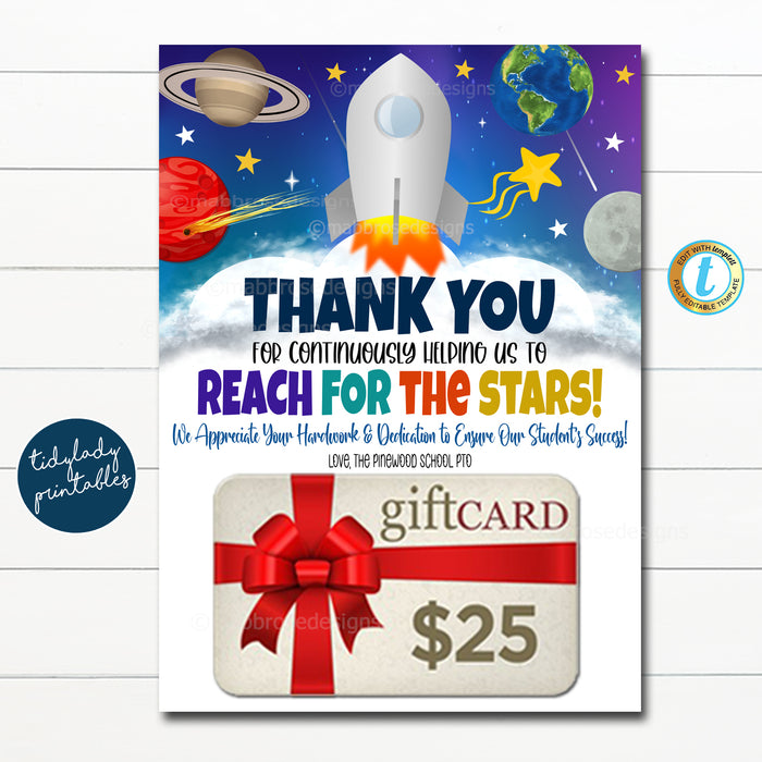 Outer Space Theme Thank You Gift Card Holder, Staff Teacher Appreciation Week Printable