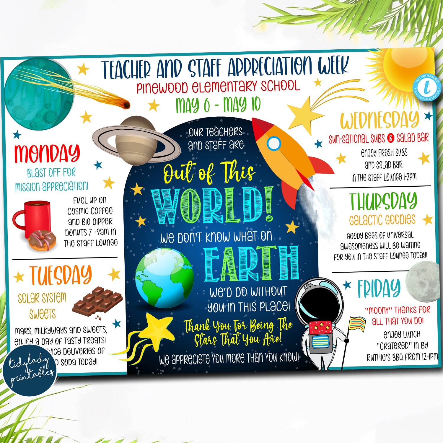 Outer Space Theme Teacher Appreciation Week Itinerary Printable β TidyLady Printables outer-space-theme-teacher-appreciation-week-itinerary-printable-tidylady-printables