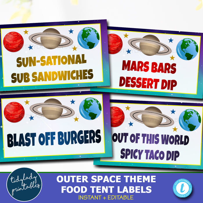 Outer Space Party Theme Printable Food Tent Labels