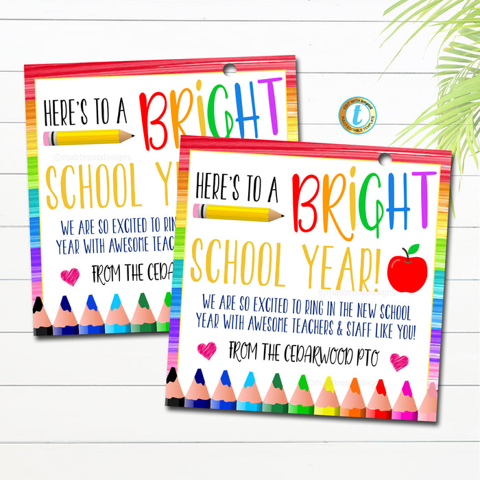 Back To School Teacher Gift Tag, Here's to a Bright School Year, Editable Template