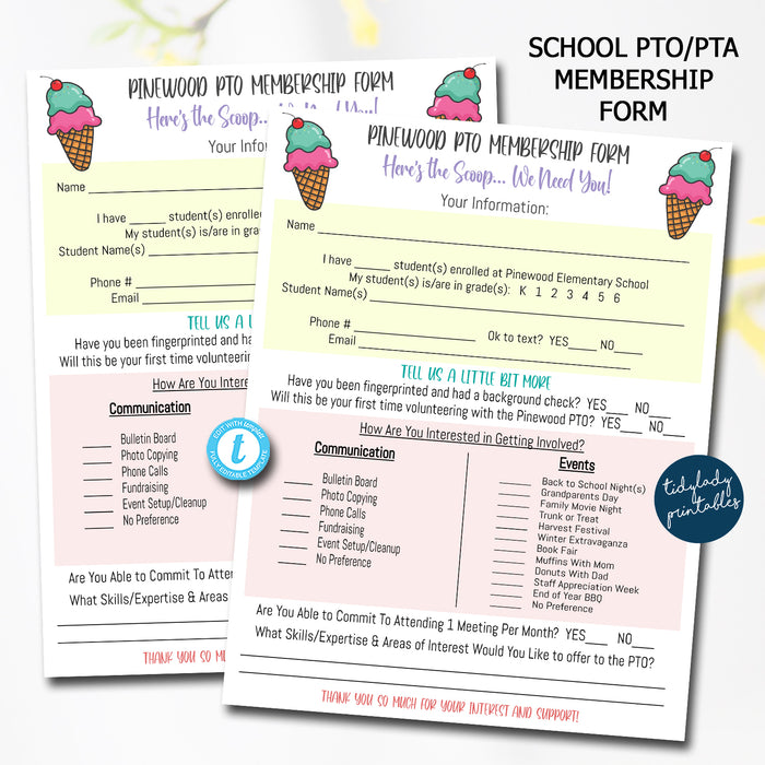 School Pto/Pta Ice Cream Theme Volunteer Membership Form, Editable Template