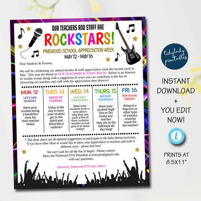 Rockstar Theme Teacher Appreciation Week Printable Party Set