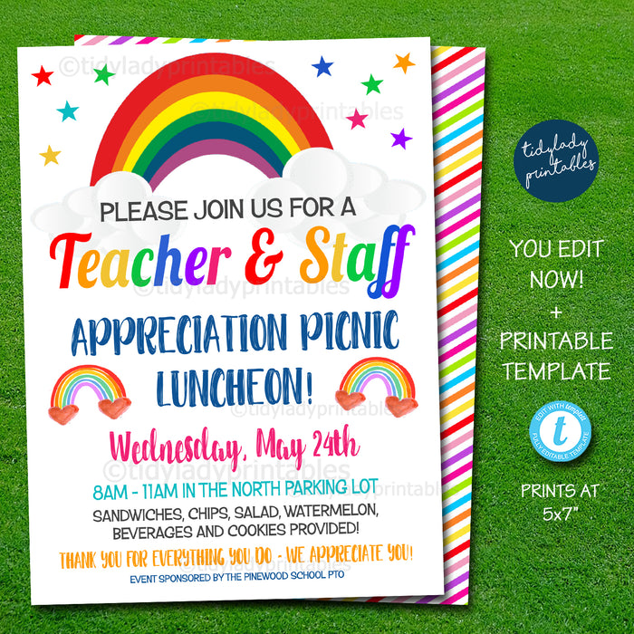 Rainbow Theme Teacher Appreciation Week Bright & Happy Printable Party Set