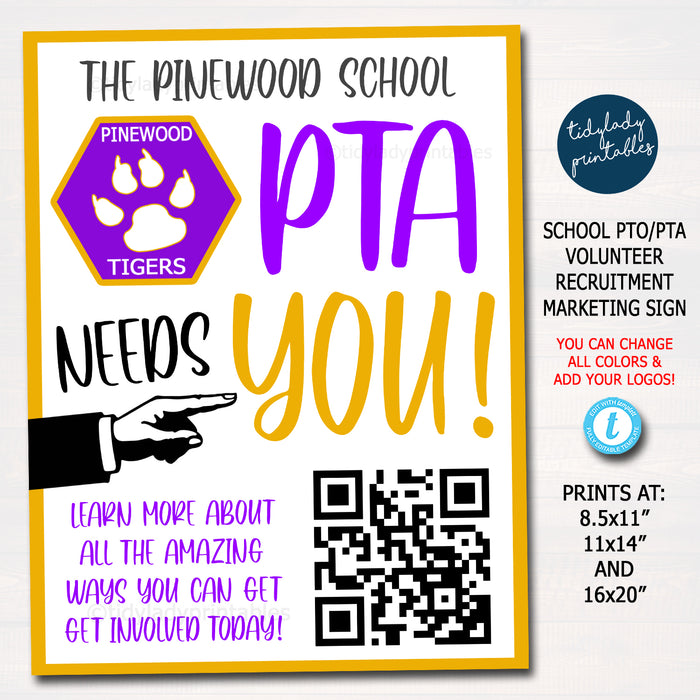 School Pto/Pta Volunteer Recruitment Fundraising Sign Marketing QR Code Poster Template