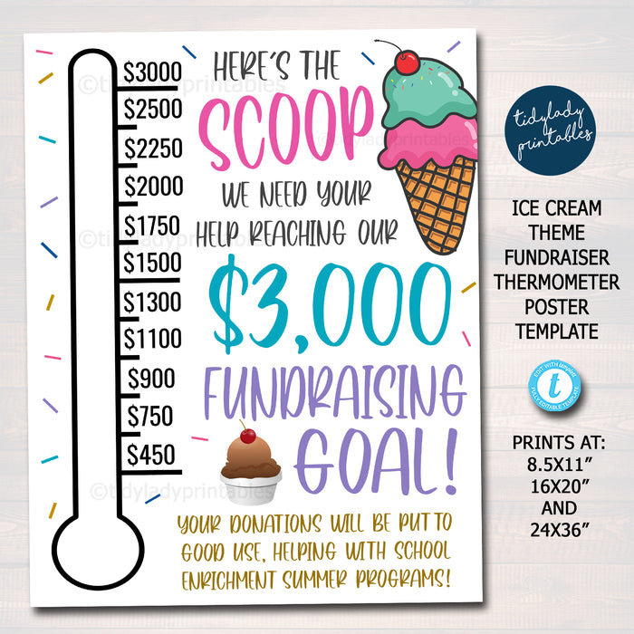 Ice Cream Thermometer Fundraising Goal Poster, School Pto/Pta Sponsorship Donations Fundraising Template