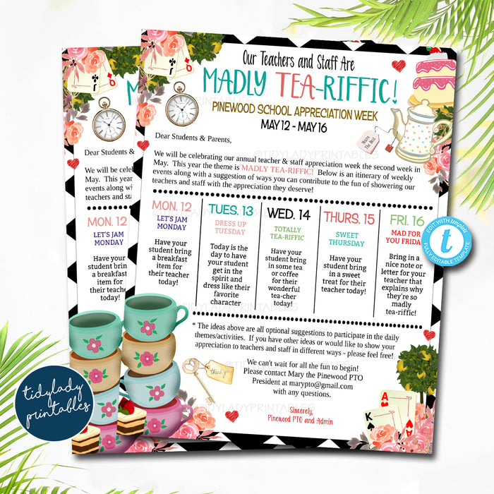 Mad Hatter Tea Party Themed Teacher Appreciation Week Take Home Flyer