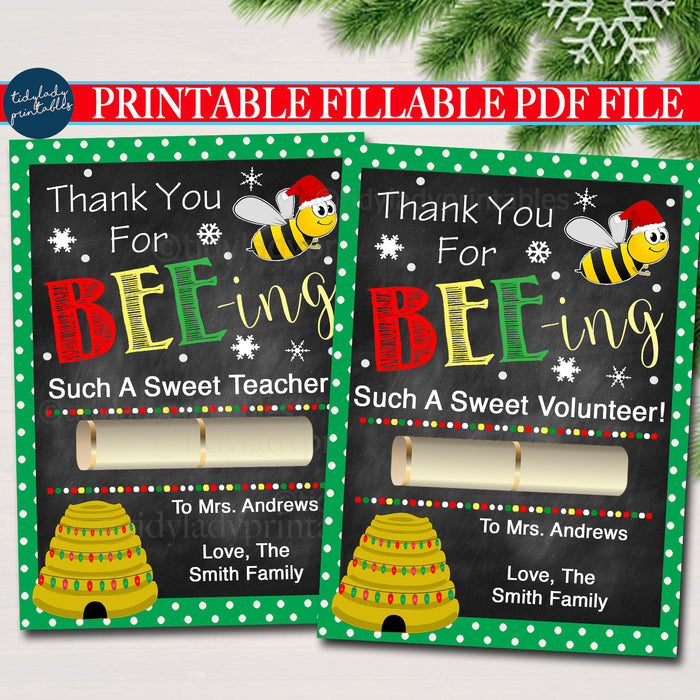 Printable Christmas Bee Chapstick Tags, Volunteer Labels Printable INSTANT +  Thank You Gift PTA Staff Gift Teacher Holiday Lip Balm