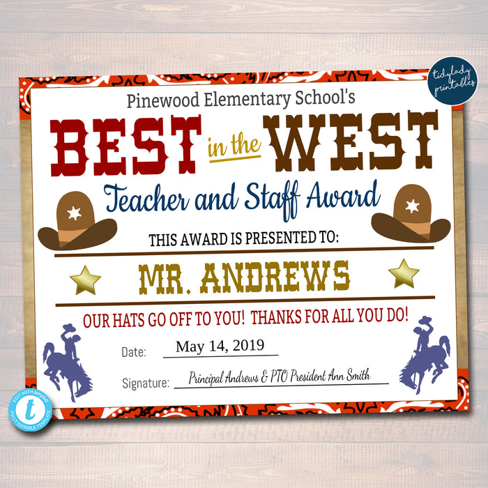 Western Theme Teacher Appreciation Week Award Certificates