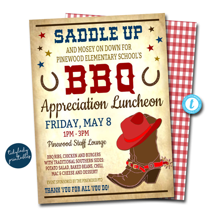 Western Theme Teacher Appreciation Week Printable BBQ Lunch Invitation