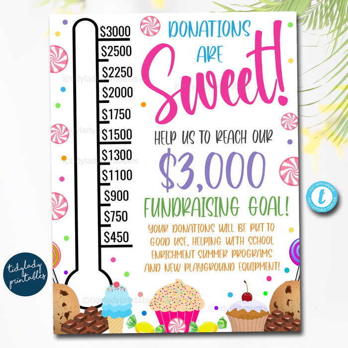 Candy Sweet Theme Thermometer Fundraising Goal Poster, School Pto/Pta Sponsorship Donations Fundraiser Template