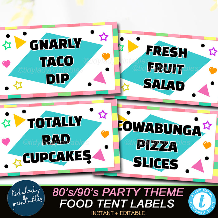 80s 90s Party Theme Printable Food Tent Labels