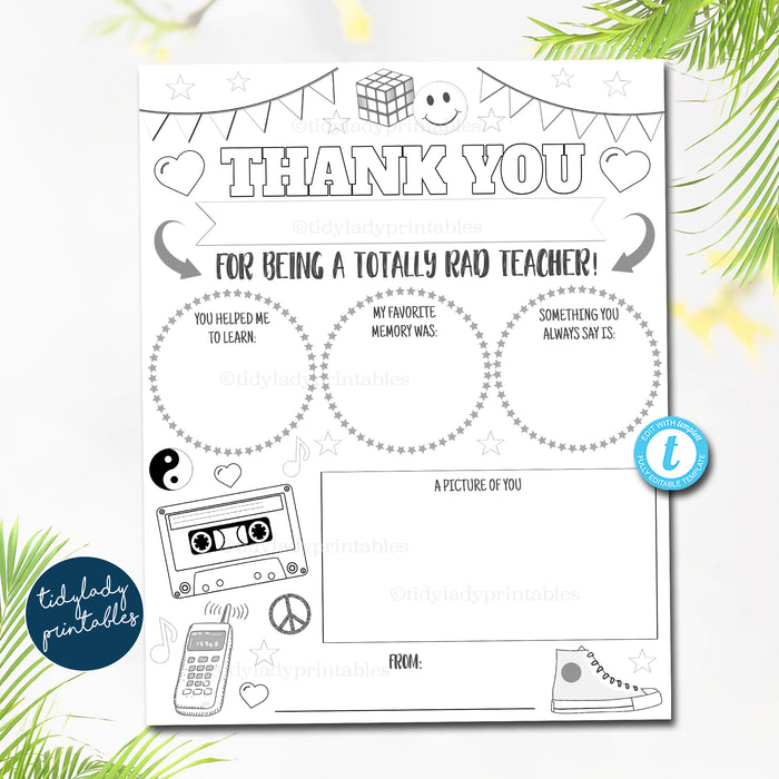 80s 90s Retro Theme Teacher Appreciation Week All About My Teacher Worksheet, Thank You Coloring Page PRINTABLE