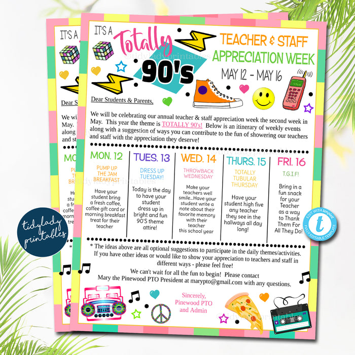 Teacher Appreciation Week Itinerary, Retro Throwback 80s 90s Theme, Student Family Take Home Flyer Printable Template