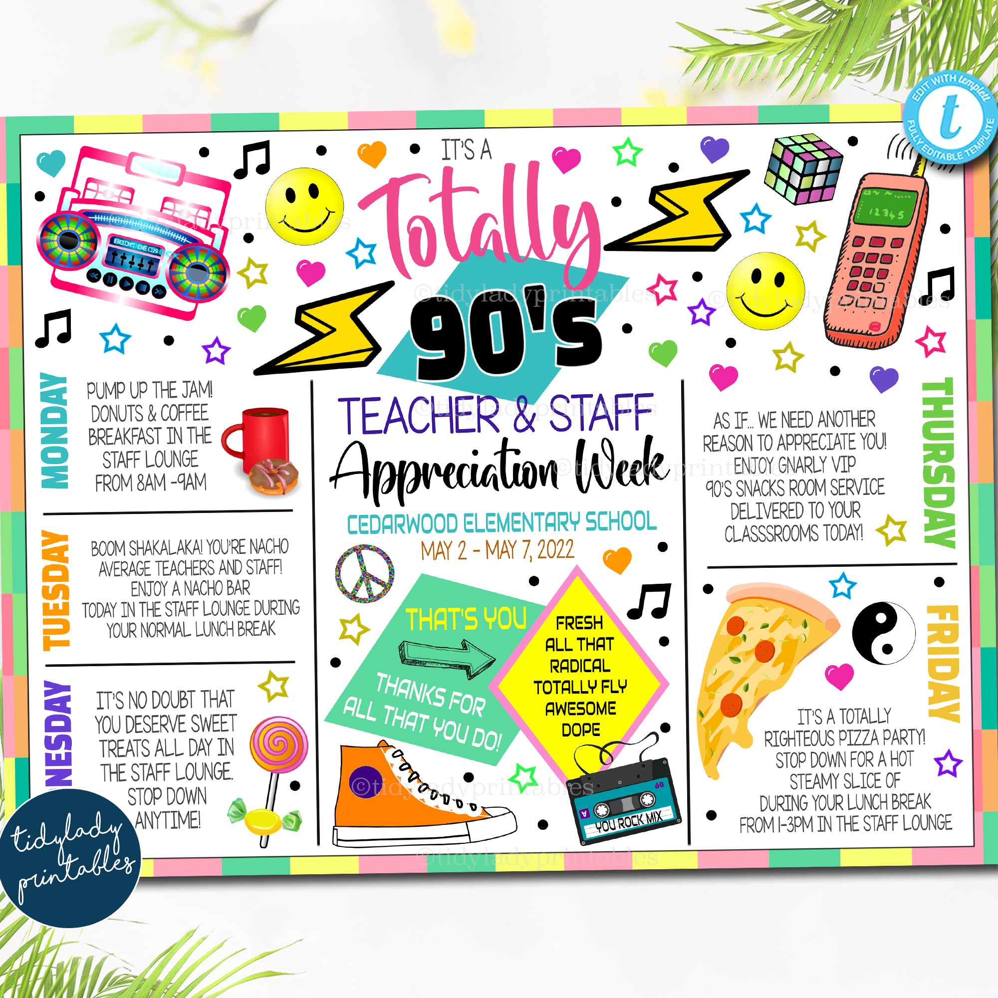 80s 90s Theme Teacher Appreciation Week Itinerary Template — TidyLady Printables for 80 S Invitations Free Printable