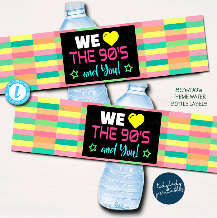 80s 90s Party Theme Teacher Appreciation Printable Water Bottle Labels