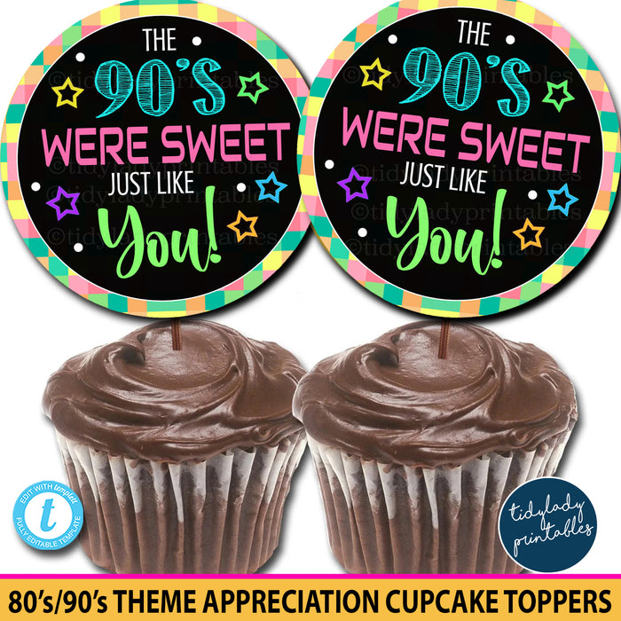 80s 90s Party Theme Staff Teacher Appreciation Printable Cupcake Toppers