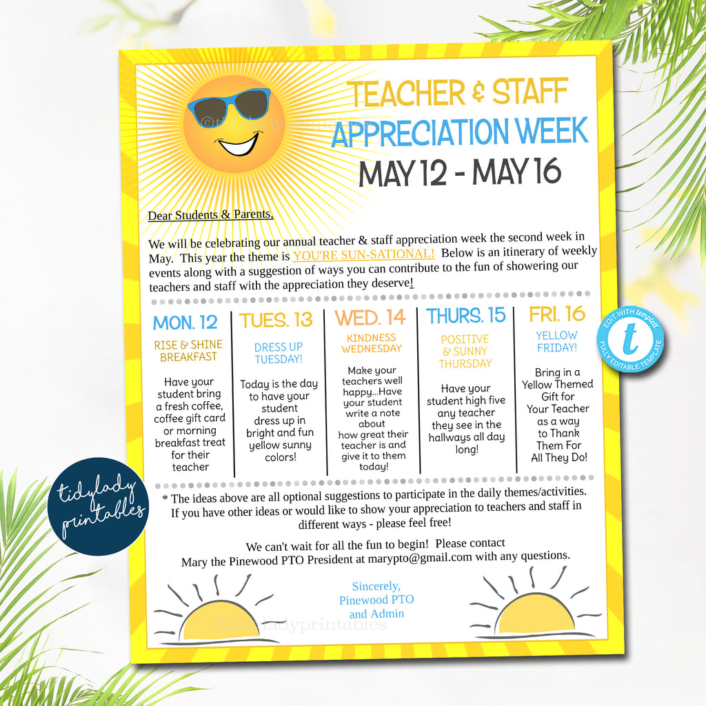 Yellow Sunshine Theme Teacher Appreciation Week Itinerary  TidyLady  Printables