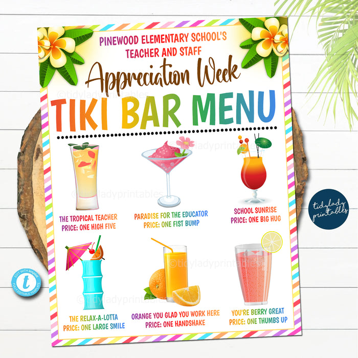 Tiki Menu Tropical Beach Theme Party Printable