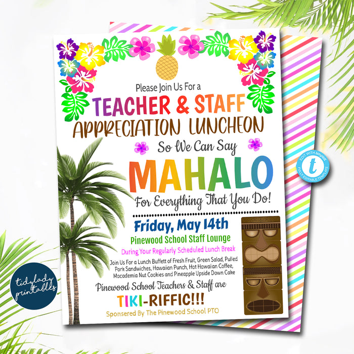 Mahalo Teacher Appreciation Staff Invitation, Hawaiian Luau Theme