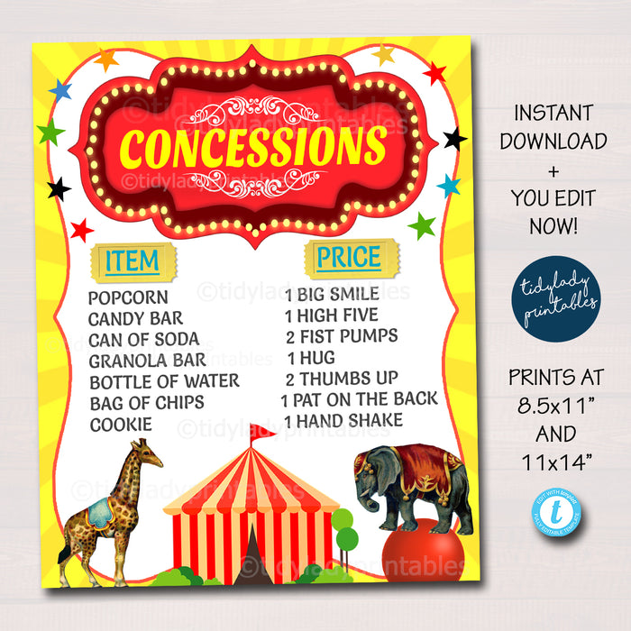Carnival Circus Theme Concession Stand Menu Printable