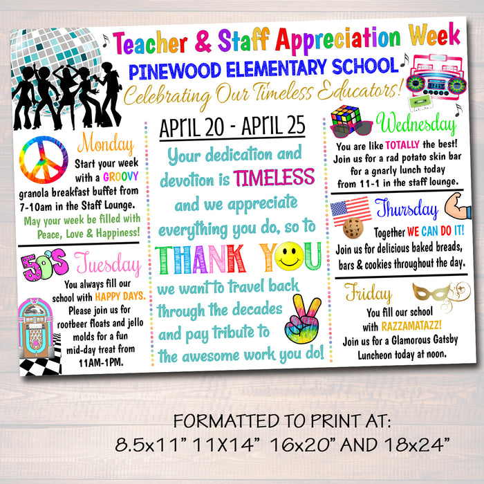 Decades Theme Teacher Appreciation Week Itinerary Poster Printable