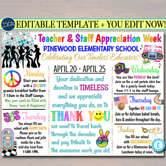 Decades Theme Teacher Appreciation Week Itinerary Poster Printable